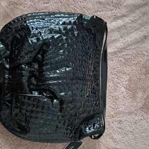Glossy Black Croc-Embossed Shoulder Bag